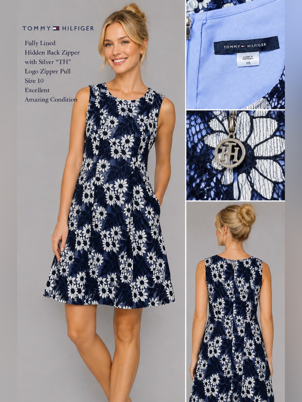 Tommy Hilfiger Navy Blue Floral Lace Fit & Flare Dress Size 10
